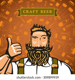 Bearded barmen on the backgrounds with beers elements.