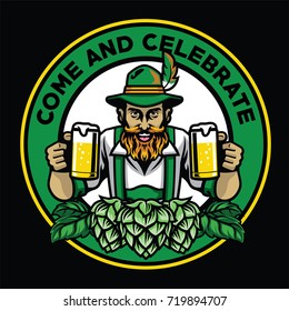 bearded bavarian man badge with beer and hops