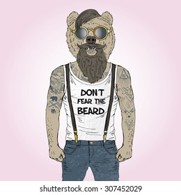 bearded bear hipster with tattoo dressed up in t-shirt with quote, furry art illustration