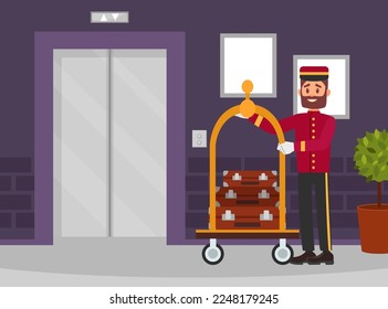 Bearded Bellman as Hotel Staff with Trolley Carrying Luggage Standing at Elevator Vector Illustration