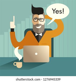 The bearded bespectacled Hipster in a yellow-orange suit with a laptop and a cup of coffee speaks YES on the background of the growing indicators graph