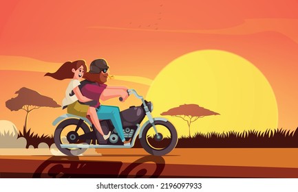 Bearded biker and happy girl riding a motorbike on sunset cartoon vector illustration