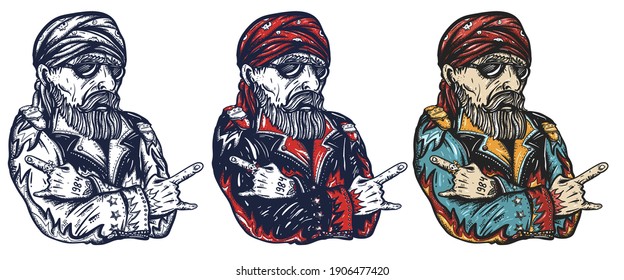 Bearded biker man portrait. Lifestyle of moto sports. Old school tattoo vector art. Hand drawn cartoon character set. Isolated on white. Traditional tattooing style 