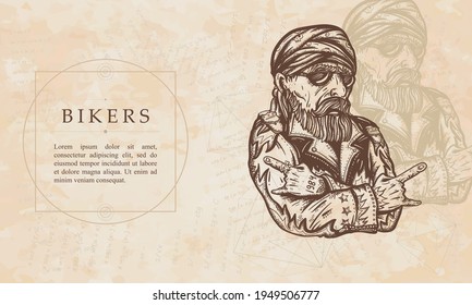 Bearded biker man portrait. Lifestyle of moto sports. Renaissance background. Medieval manuscript, engraving art