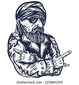 Bearded biker man portrait. Lifestyle of moto sports. Old school tattoo vector art. Hand drawn graphic. Isolated on white. Traditional flash tattooing style
