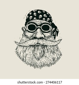 bearded biker in motorcycle sunglasses and bandana. hand drawn cartoon character. engraving style. vector illustration