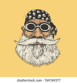 Bearded Biker In Motorcycle Sunglasses And Bandana. Hand Drawn Cartoon Character. Engraving Style. Vector Illustration