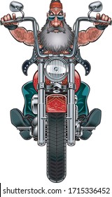 bearded biker type driving chopper motorcycle