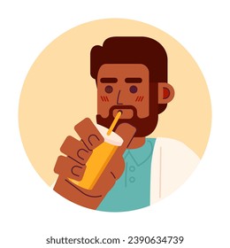Bearded black guy drinking straw 2D vector avatar illustration. Holding coffee male with beard cartoon character face. Smoothie man african american flat color user profile image isolated on white