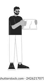 Bearded black man choosing boxer shorts black and white 2D line cartoon character. African american guy isolated vector outline person. Selecting underwear laundry monochromatic flat spot illustration