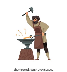 Bearded Blacksmith in Apron Forging Blade on the Anvil Vector Illustration