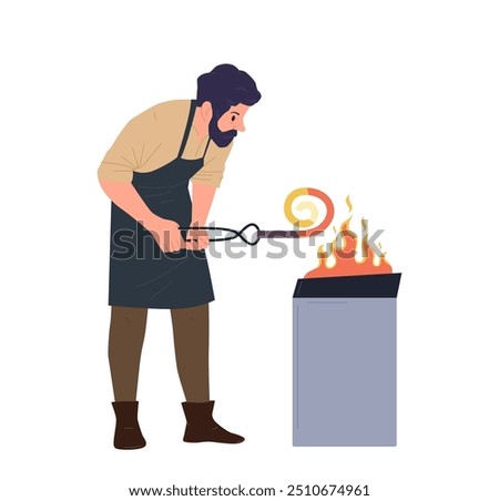Bearded blacksmith cartoon character ancient worker forging iron detail for weapon or tool