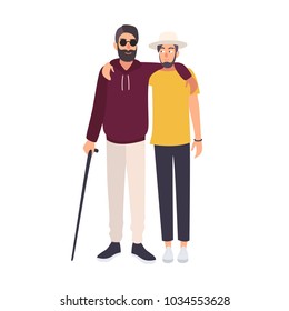 Bearded blind man with sunglasses and cane standing and embracing with his friend. Male character with blindness, visual impairment or vision loss and his mate walking together. Vector illustration.