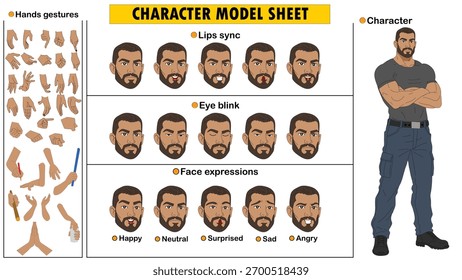 Kit De Construtor De Personagem De Homem Com Barba. Folha de modelo masculina editável com expressões faciais e partes do corpo.