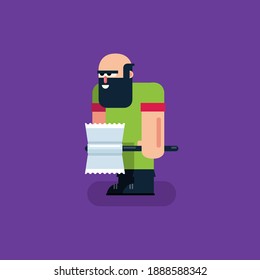 A bearded, brutal lumberjack with an ax. Game character design. Flat cartoon style. Vector illustration.
