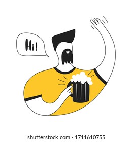 A bearded brutal man with a beer mug says hi. Website welcome page, beer party concept. Flat line modern black yellow vector illustration on white.