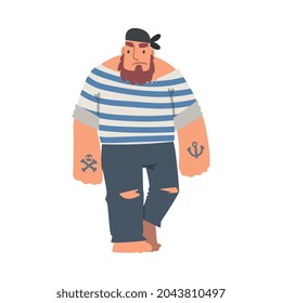 Bearded Brutal Man Pirate or Buccaneer Character in Striped Vest and Tattooed Arm as Marine Robber Vector Illustration