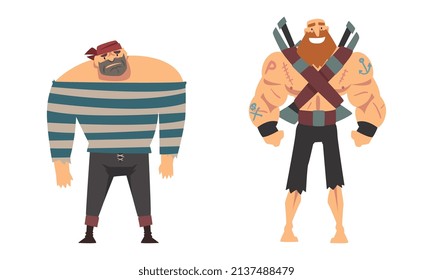 Bearded Brutal Man Pirate or Buccaneer Character Standing and Smiling with Crossed Swords Behind Vector Set