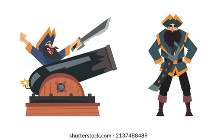 Bearded Brutal Man Pirate or Buccaneer Character Standing with Sword and Cannon Vector Set
