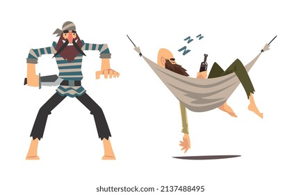 Bearded Brutal Man Pirate or Buccaneer Character Attacking with Knife and Sleeping in Hammock with Alcohol Bottle Vector Set
