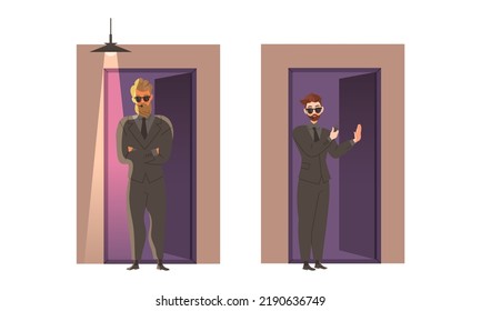 Bearded Brutal Man as Security Guard in Black Suit Standing at Nightclub Entrance as Face Control Vector Set