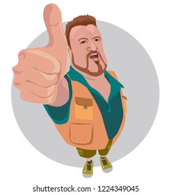 Bearded brutal man showing thumbs up, sign of approval, realistic vector illustration
