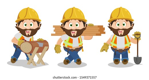 Bearded builder man in hardhat and industrial vest spending time at work. Man sawing log of wood, carrying boards, standing and keeping shovel. Cartoon vector set isolated on white background.