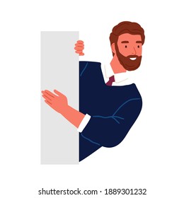 Bearded business male peeping from behind wall vector flat illustration. Funny curious man searching something isolated on white. Smiling guy office worker or clerk watching or seeking.