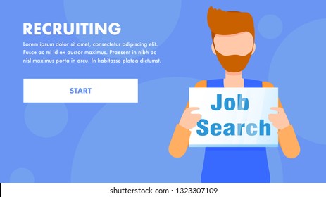 Bearded Business Man Hold Job Search Sign in Hand. Unemployed Candidate. Employee Character with Plaque or Plate. Inscription on Paper. Recruiting Process. Flat Cartoon Vector Illustration