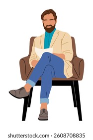Bearded Business man in smart casual clothes sitting in armchair holding paper documents. Flat colorful vector illustration isolated on white background