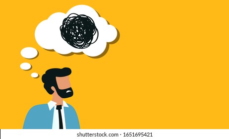 bearded business man with speech bubble and tangled line inside dark thoughts on yellow background. concept of chaotic thought process, confusion, personality disorder and depression