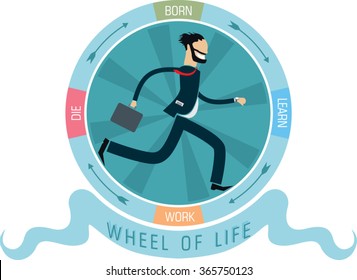 bearded business man with suitcase run inside life circle with inscription born, learn, work, die. flat style simple vector illustration