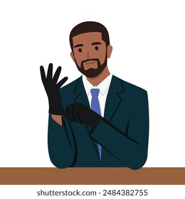 Bearded business man wearing black glove.  Flat vector illustration isolated on white background