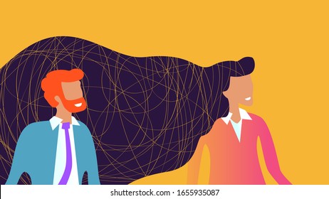 bearded business man with wonderful woman with long hair and tangled line on yellow background