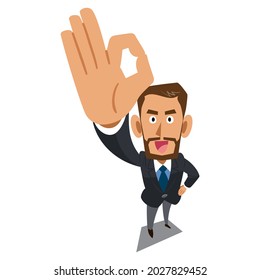 A bearded businessman with brown skin showing an OK sign by hand