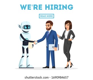 Bearded businessman and businesswoman meet a new colleague, anthropomorphous machine, artificial intelligence joyfully, shaking hands. Welcome to team. We re hiring. Vector template for web design.