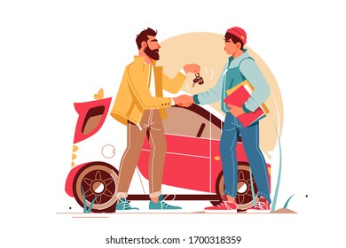 Bearded businessman giving keys to young man making car deal. Concept handsome male character near urban modern vehicle hand shaking. Vector illustration.