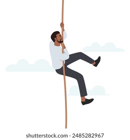 Bearded businessman hanging onto a rope fearing from below. Flat vector illustration isolated on white background