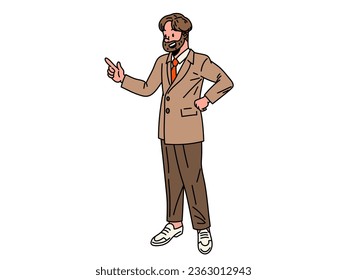 A bearded businessman pointing a finger and smiling. Vector clipart