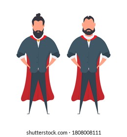 Bearded businessman with a red cloak in a cartoon style. A man superhero holds his hands on his belt. Isolated. Vector.