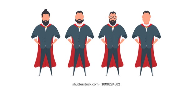 Bearded businessman with a red cloak in a cartoon style. A man superhero holds his hands on his belt. Isolated. Vector.