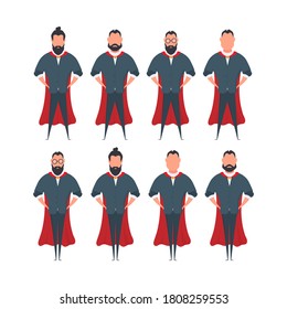 Bearded businessman with a red cloak in a cartoon style. A man superhero holds his hands on his belt. Isolated. Vector.