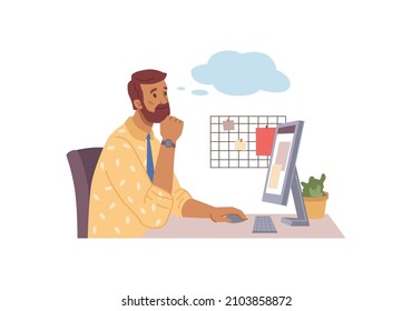 Bearded businessman sitting at computer and thinking about problem or question decision cartoon character. Vector executive manager sitting at table with monitor display, workers dreams about rest