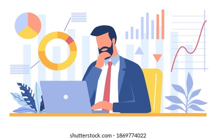 Bearded businessman sitting in office and analyzing data on his laptop. Data science, scientific research, workflow concept. Business charts and diagrams. Flat cartoon vector illustration