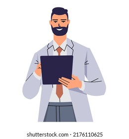 Bearded businessman uses a tablet. A smiling man in a suit and tie is holding a device and touching the screen. Entering text, scrolling the page in the browser. Flat vector isolated on white.