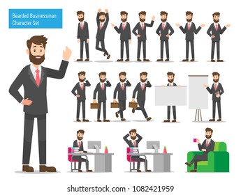 Bearded businessman working character design set