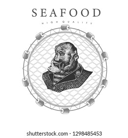 Bearded captain smoke smoking pipe, in the center round fishing nets on white background. Logo for fish products or seafood in woodcut style 