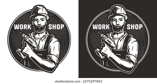 Bearded carpenter in for logo of carpentry or repair. Woodworker with electric screwdriver in his hands for design of workshop or woodworking