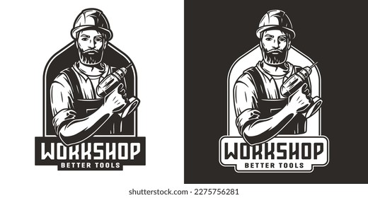 Bearded carpenter in for logo of carpentry or repair. Woodworker with electric screwdriver in his hands for design of workshop or woodworking