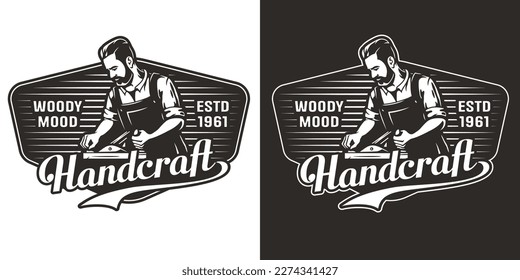 Bearded carpenter for logo of carpentry or wood carving. Woodworker with jointer in his hands for design of workshop or woodworking